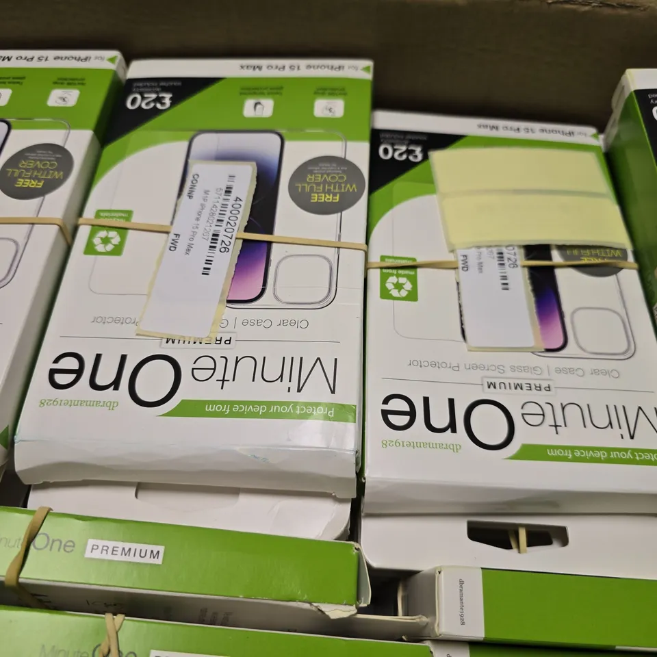 BOX OF APPROXIMATELY 60 ASSORTED MINUTE ONE IPHONE 15 PRO MAX CLEAR CASE & GLASS SCREEN PROTECTOR 