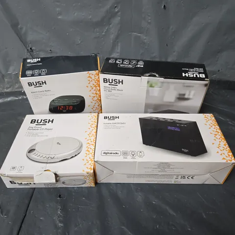 APPROXIMATELY 15 ASSORTED BUSH PRODUCTS TO INCLUDE ALARM CLOCK RADIO, JOG PROOF PORTABLE CD PLAYER, DAB+ CLOCK RADIO BLACK, ETC - COLLECTION ONLY