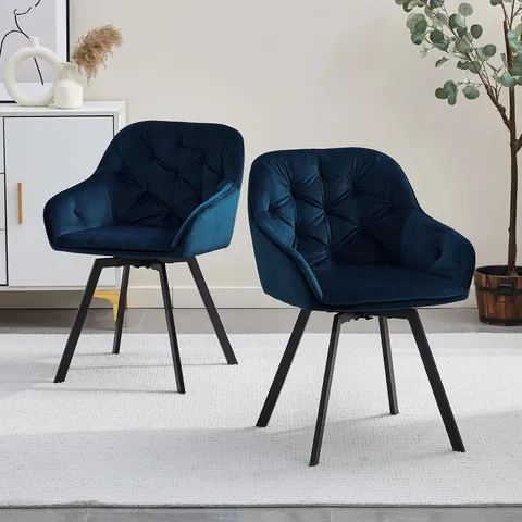 BOXED GARVIES SET OF TWO DARK GREY / BLUE VELVET SWIVEL DINING CHAIRS