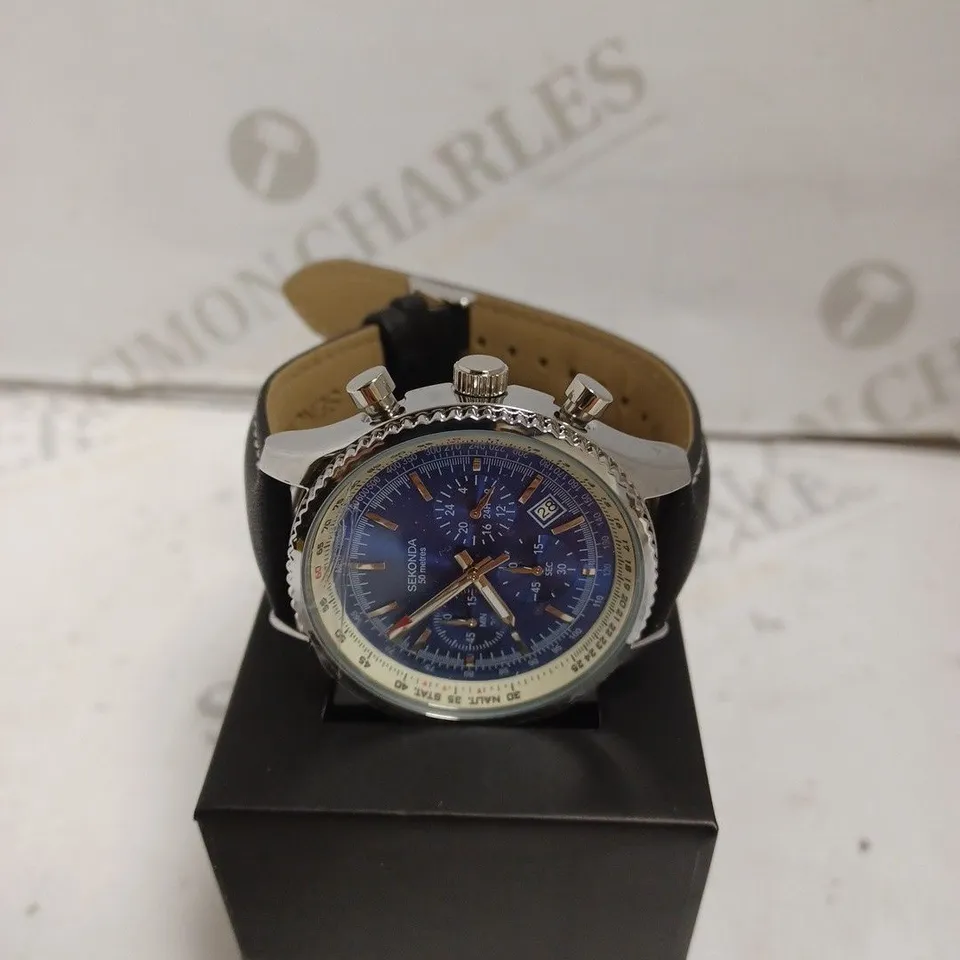BOXED SEKONDA WATCH - STAINLESS STEEL BACK - LEATHER UPPER STRAP - JAPAN MOVEMENT - WATER RESISTANT 50M - SUB DIAL.