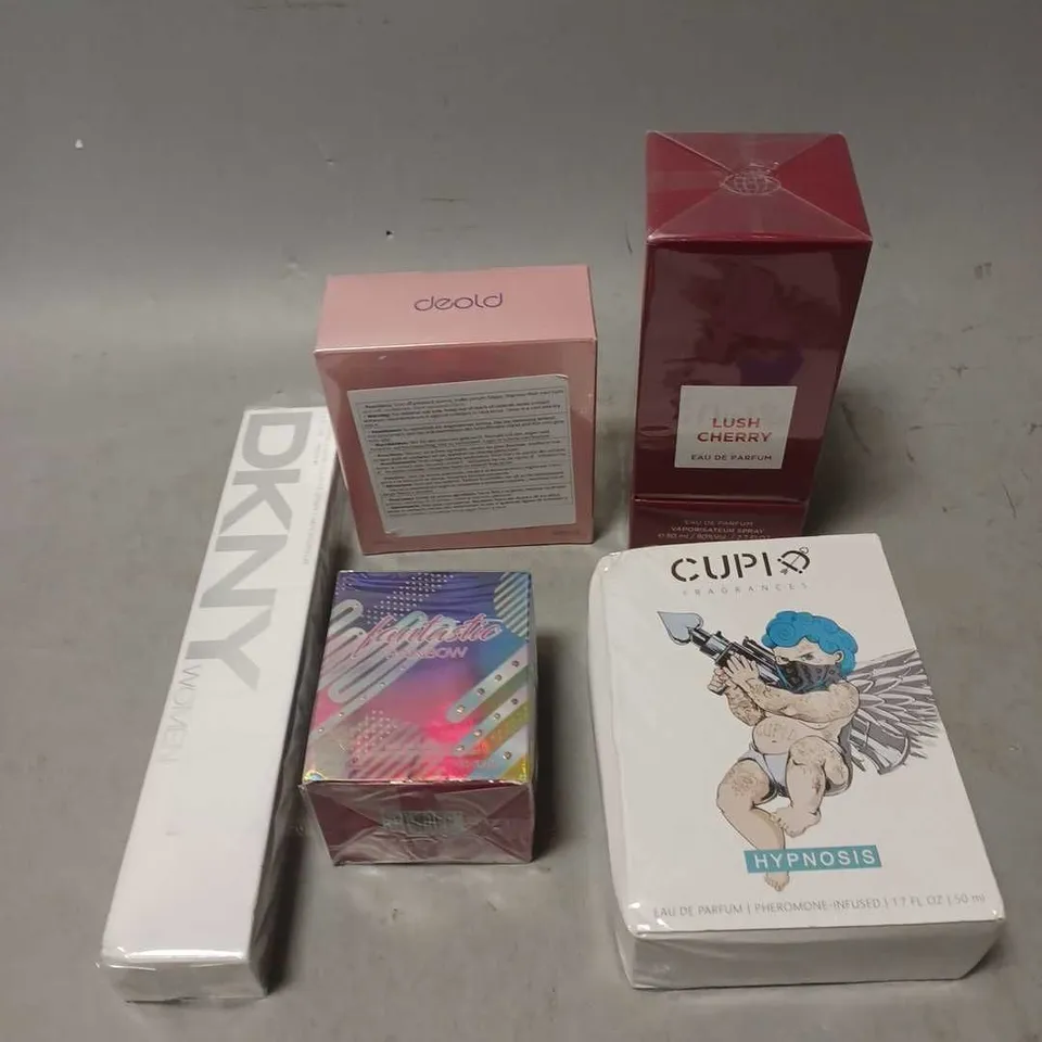 BOX OF APPROXIMATELY 5 ASSORTED SEALED FRAGRANCES TO INCLUDE - CUPID HYPNOSIS - DKNY WOMEN - LUSH CHERRY - ETC