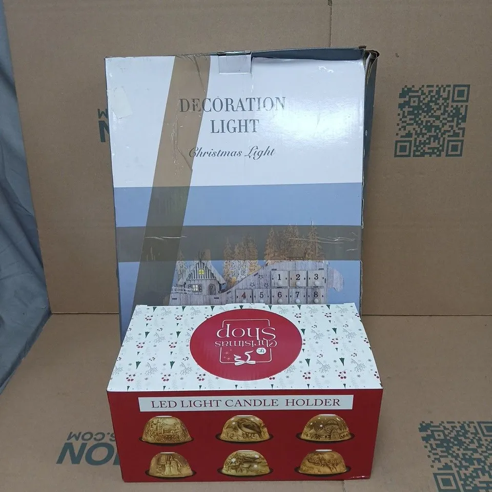 BOX OF APPROXIMATELY 10 ASSORTED HOUSEHOLD ITEMS TO INCLUDE CHRISTMAS ADVENT DECORATION LIGHT, CHRISTMAS LED LIGHT CANDLE HOLDER ETC