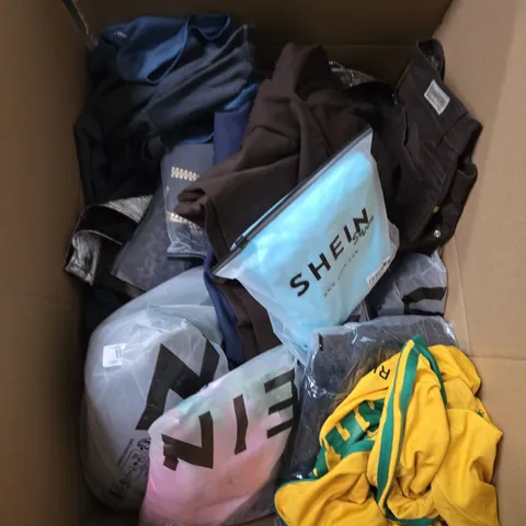 LARGE BOX OF ASSORTED CLOTHING ITEMS IN VARIOUS SIZES, STYLES AND COLOUR 