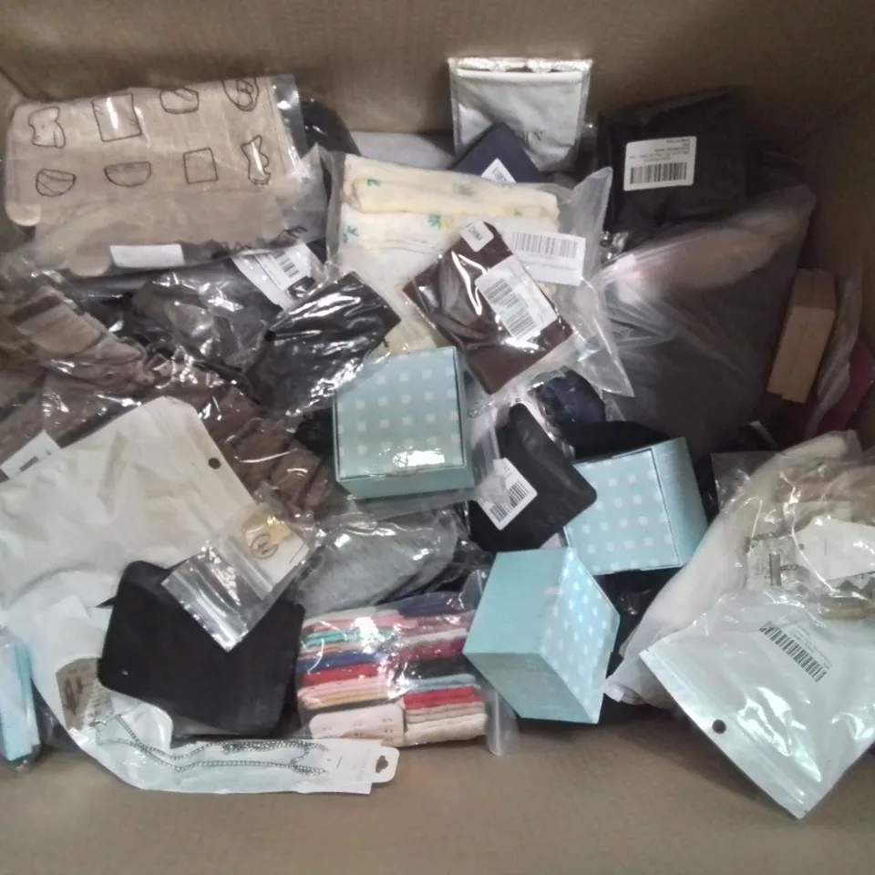 BOX CONTAINING LARGE AMOUNT OF MIXED FASHION ITEMS, SILVER PLATE AND COSTUME JEWELLERY, CLOTHING ITEMS ETC.