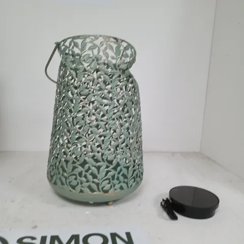 DECORATIVE METAL GARDEN LANTERN WITH LEAF-CUTOUT DESIGN β TURQUOISE FINISH