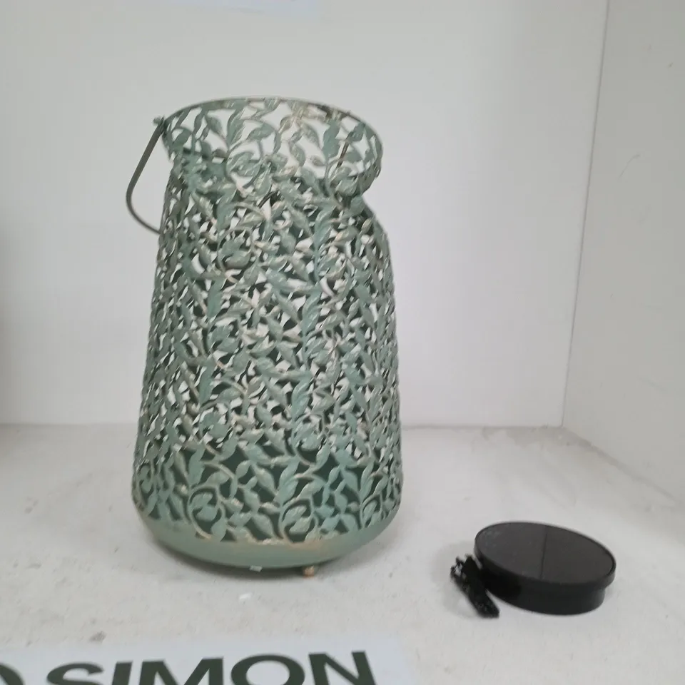 DECORATIVE METAL GARDEN LANTERN WITH LEAF-CUTOUT DESIGN – TURQUOISE FINISH