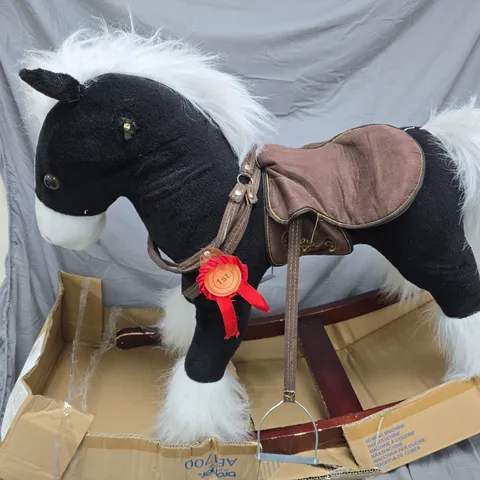 PLUSH ROCKING HORSE TOY – BLACK WITH WHITE MANE & TAIL, BROWN SADDLE