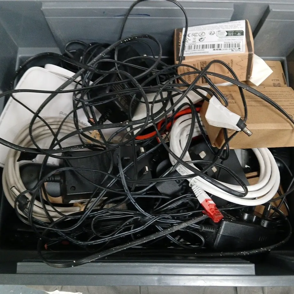 APPROXIMATELY 12 ASSORTED HOUSEHOLD ITEMS TO INCLUDE ROUTERS, REMOTES, CABLES, ETC