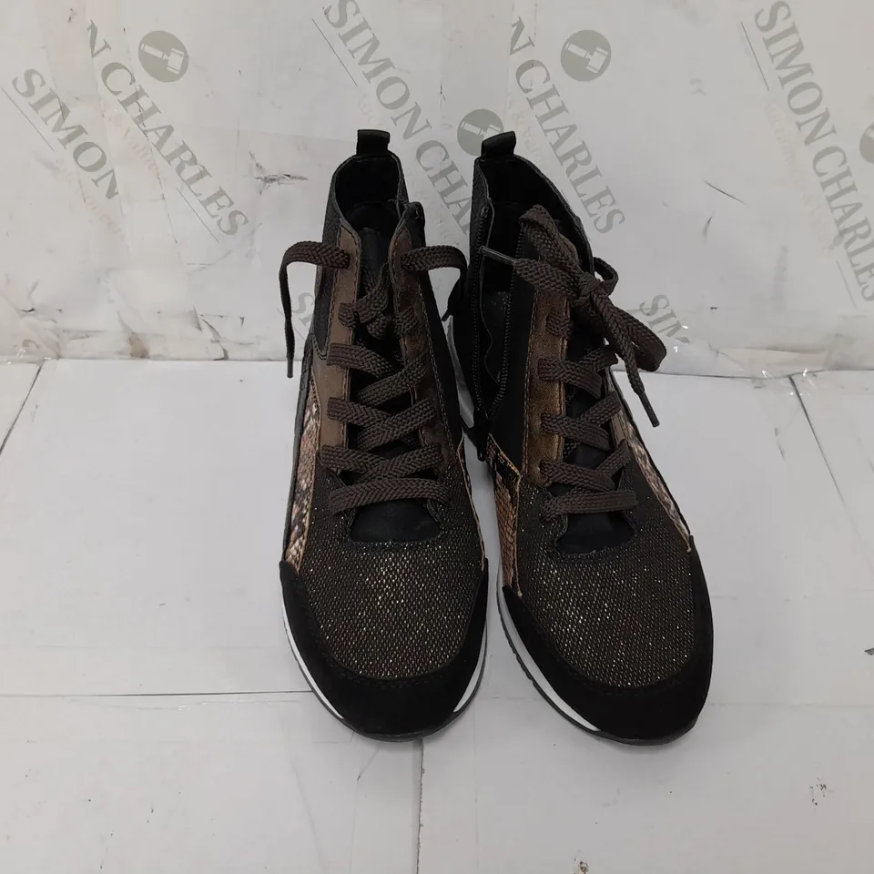 PAIR OF RIEKER HIGH TOP MIX MATERIAL TRAINER BOOTS SIZE 6.5