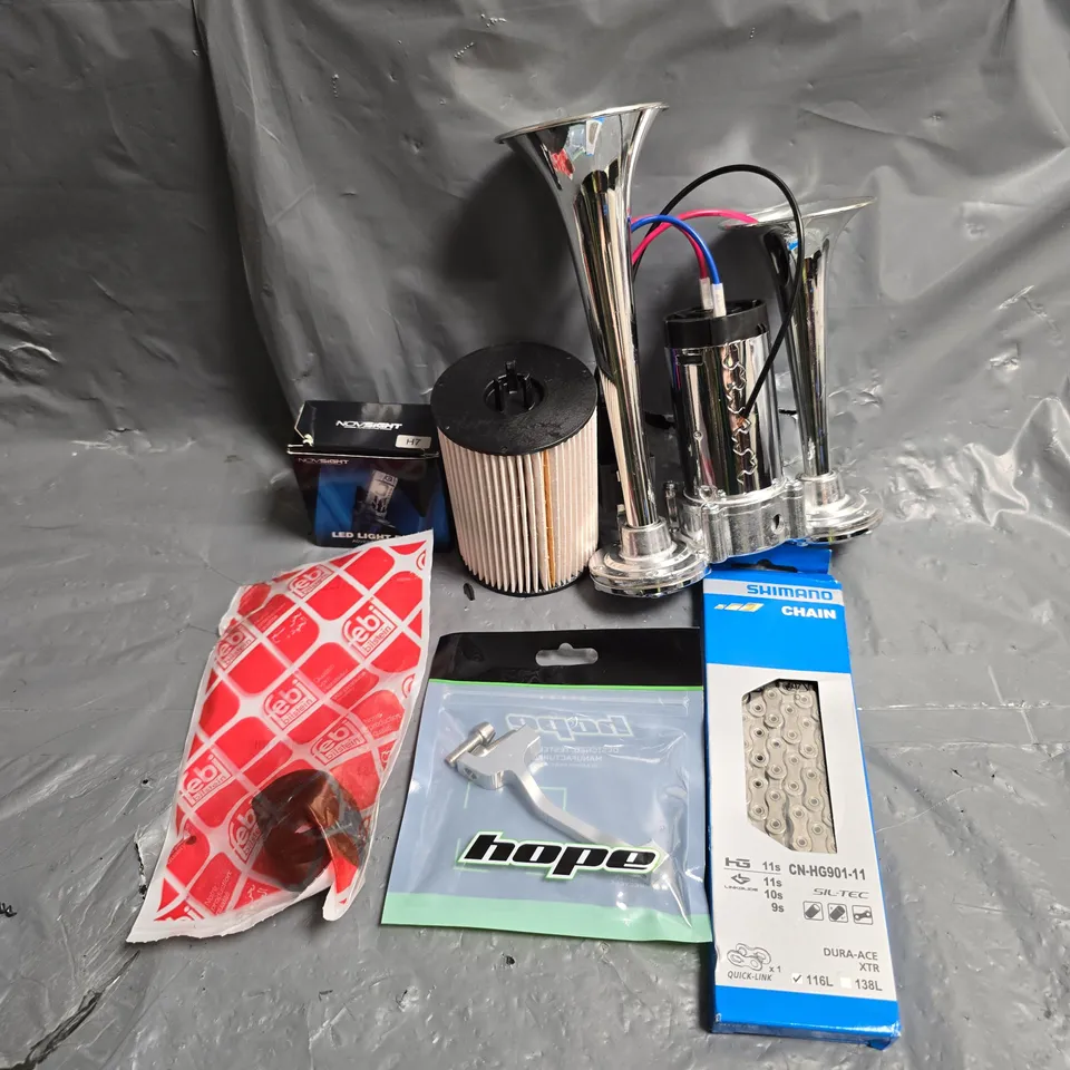 APPROXIMATELY 10 ASSORTED CAR ACCESSORIES - SHIMANO CHAIN - HOPE MOUNT H-POST - FEBI BILSTEIN ANTI ROLL BAR BUSH - ETC - COLECTION ONLY
