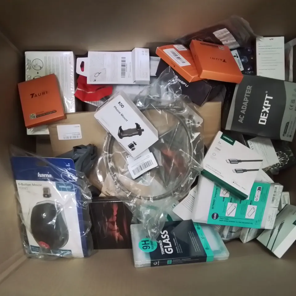 BOX CONTAINING LARGE AMOUNT OF MIXED BOXED ELECTRICAL ITEMS PHONE ACCESSORIES LIGHTING ETC.	