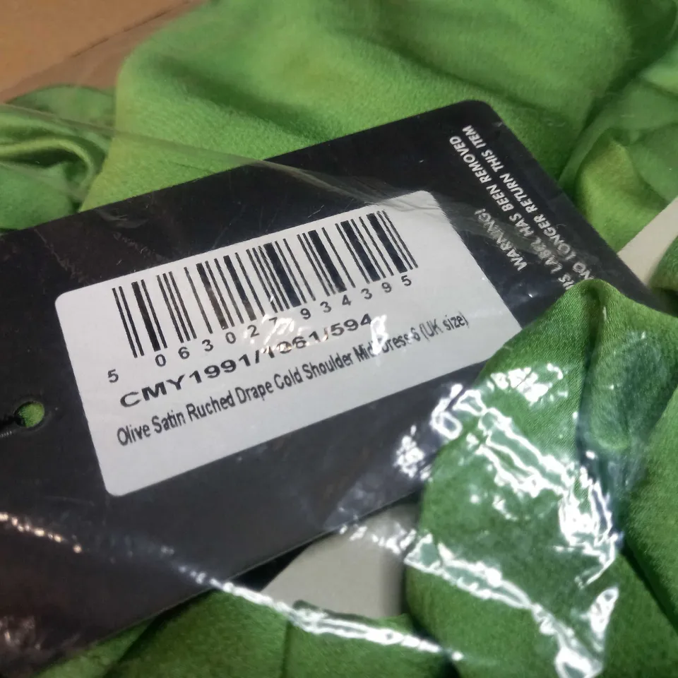PACKAGED PLT OLIVE SATIN RUCHED DRAPE COLD SHOULDER MIDI DRESS - SIZE 6