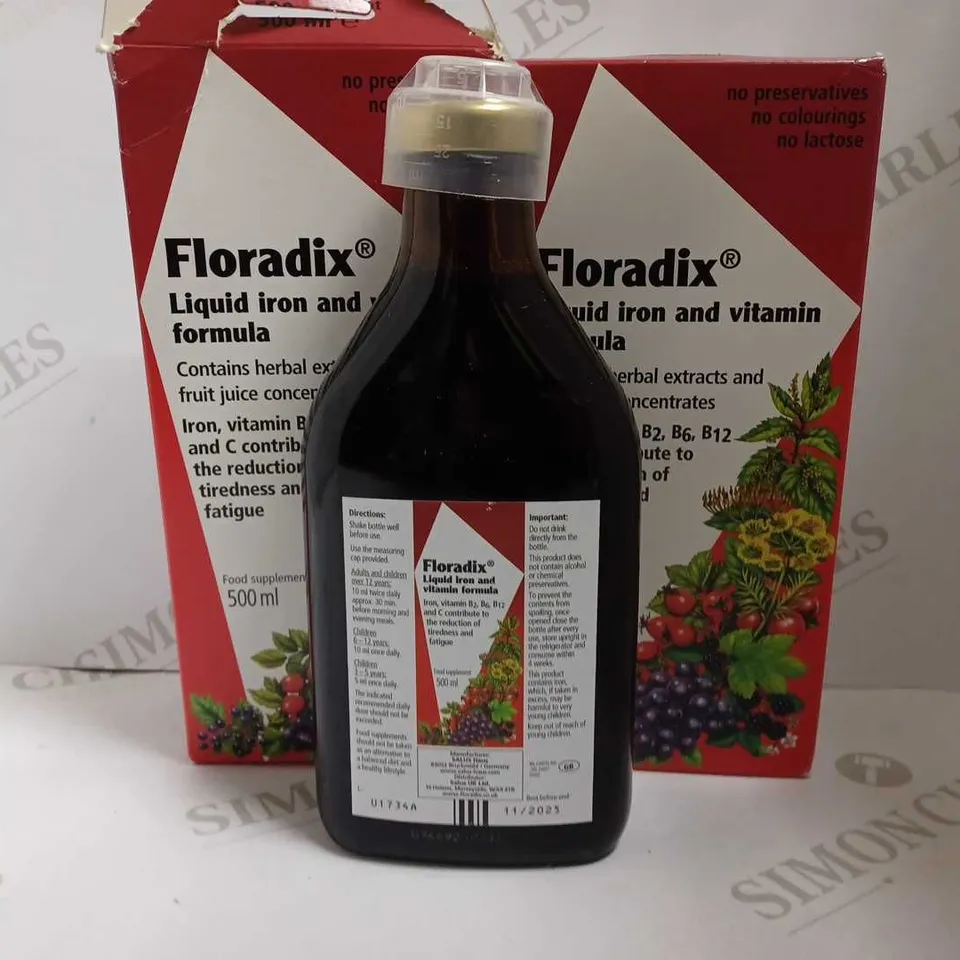 LOT OF 2 BOTTLES OF FLORADIX LIQUID IRON FORMULA (500ML)