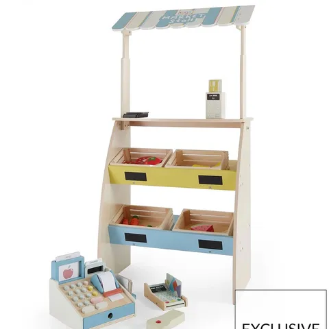 BOXED ACORN WOODEN MARKET STALL PLAYSET (TILL SOLD SEPARATELY)