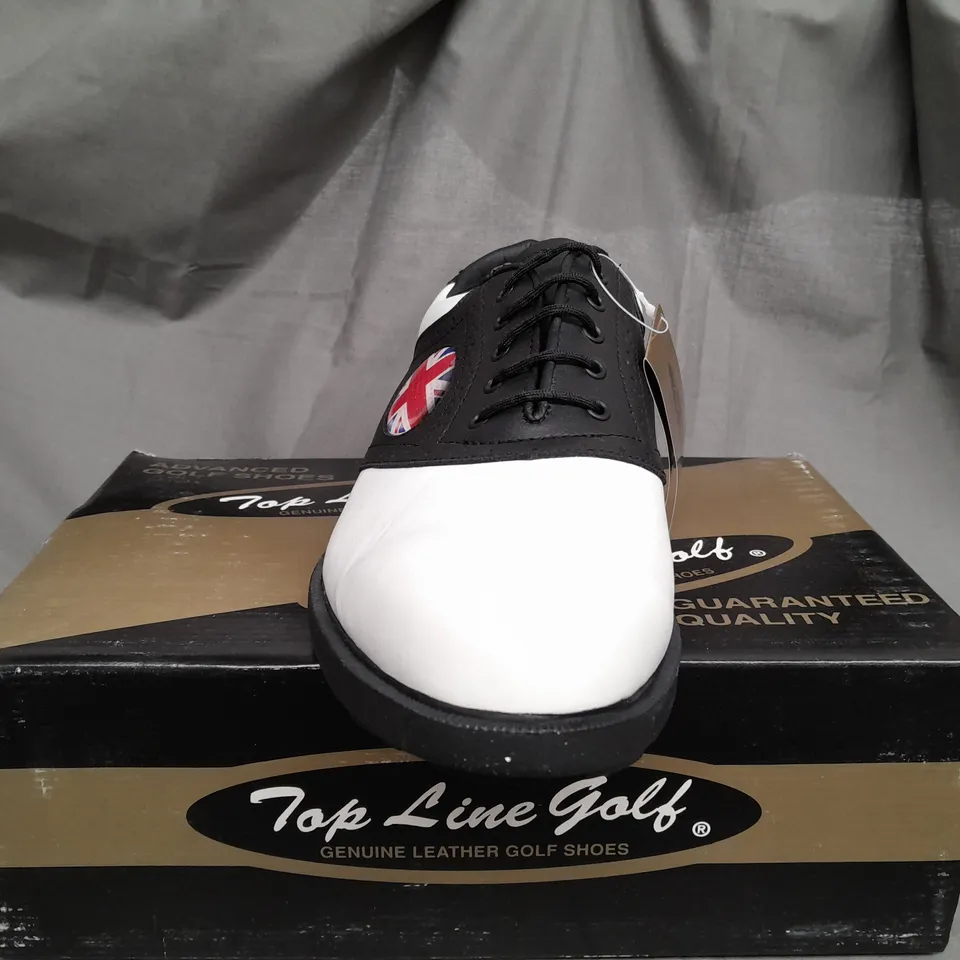 BOX OF APPROX 12 TOP LINE GOLF SHOES IN WHITE & BLACK IN VARIOUS SIZES 