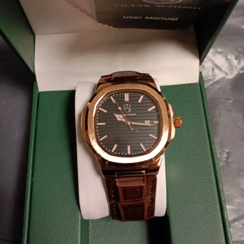 FRANK SCHMIDT WRISTWATCH – ROSE GOLD TONE CASE, BROWN CROCODILE-EFFECT LEATHER STRAP (BOXED)