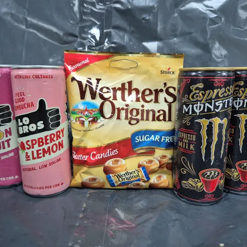 APPROXIMATELY 8 ASSORTED FOOD ITEMS TO INCLUDE ESPRESSO MONSTER, WERTHERS ORIGINALS, TANGO MULTIPACK, ETC