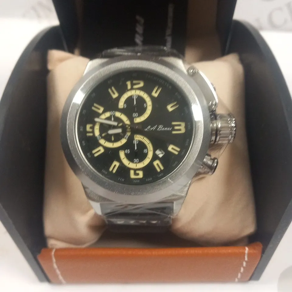 MEN’S LA BANUS CHRONOGRAPH WATCH, SCREW IN CROWN. BLACK LEATHER STRAP. 