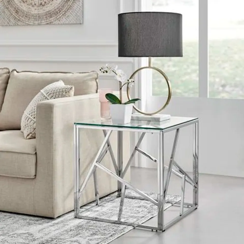 BOXED AMALFI SILVER CHROME SIDE TABLE 
