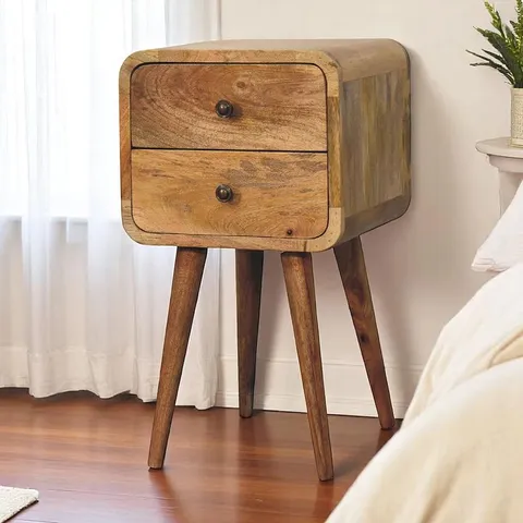 BOXED 2 DRAWER CURVED OAK-ISH BEDSIDE (1 BOX)