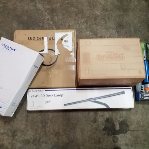 PALLET OF ASSORTED PRODUCTS INCLUDING LED CEILING LAMP, TRUNKI KIDS SUITCASE, 24W LED DESK LAMP, TOILET SEAT, SPRINKLER