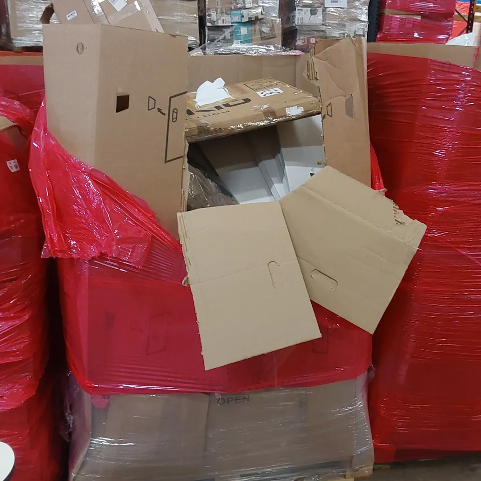PALLET OF ASSORTED HOUSEHOLD ITEMS AND CONSUMER PRODUCTS. INCLUDING; TOWEL RACKS, SOIL SAMPLERS, POPCORN, BOXED FURNITURE ETC 