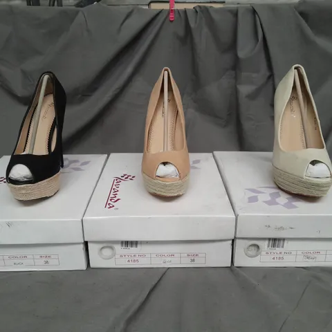 APPROXIMATELY 6 BOXED PAIRS OF PLATFORM OPEN TOE SHOES IN CREM BEIGE AND BLACK