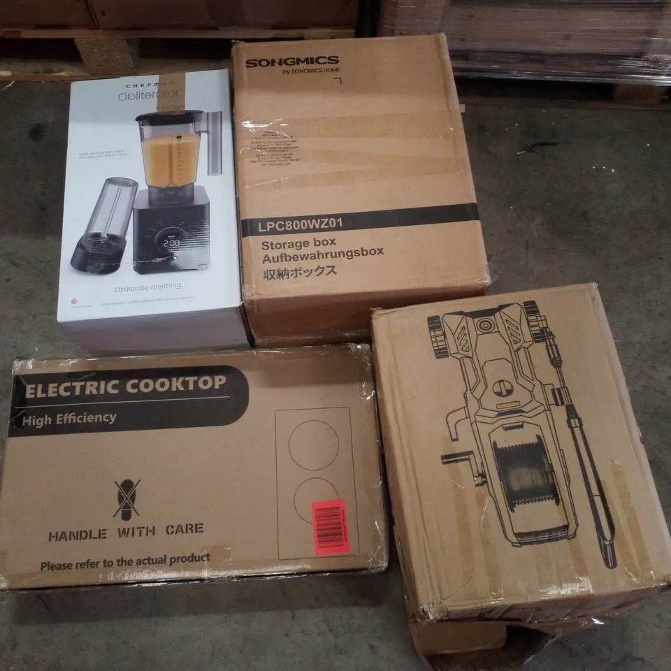 PALLET CONTAINING ASSORTED PRODUCTS INCLUDING ELECTRIC COOKTOP, CHEFMAN OBLITERATOR, STORAGE BOX & PRESSURE  WASHER