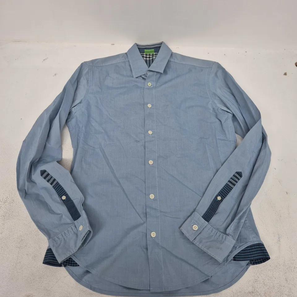 HUGO BOSS LIGHT BLUE SHIRT WITH CHECKERED INNER CUFF - SMALL