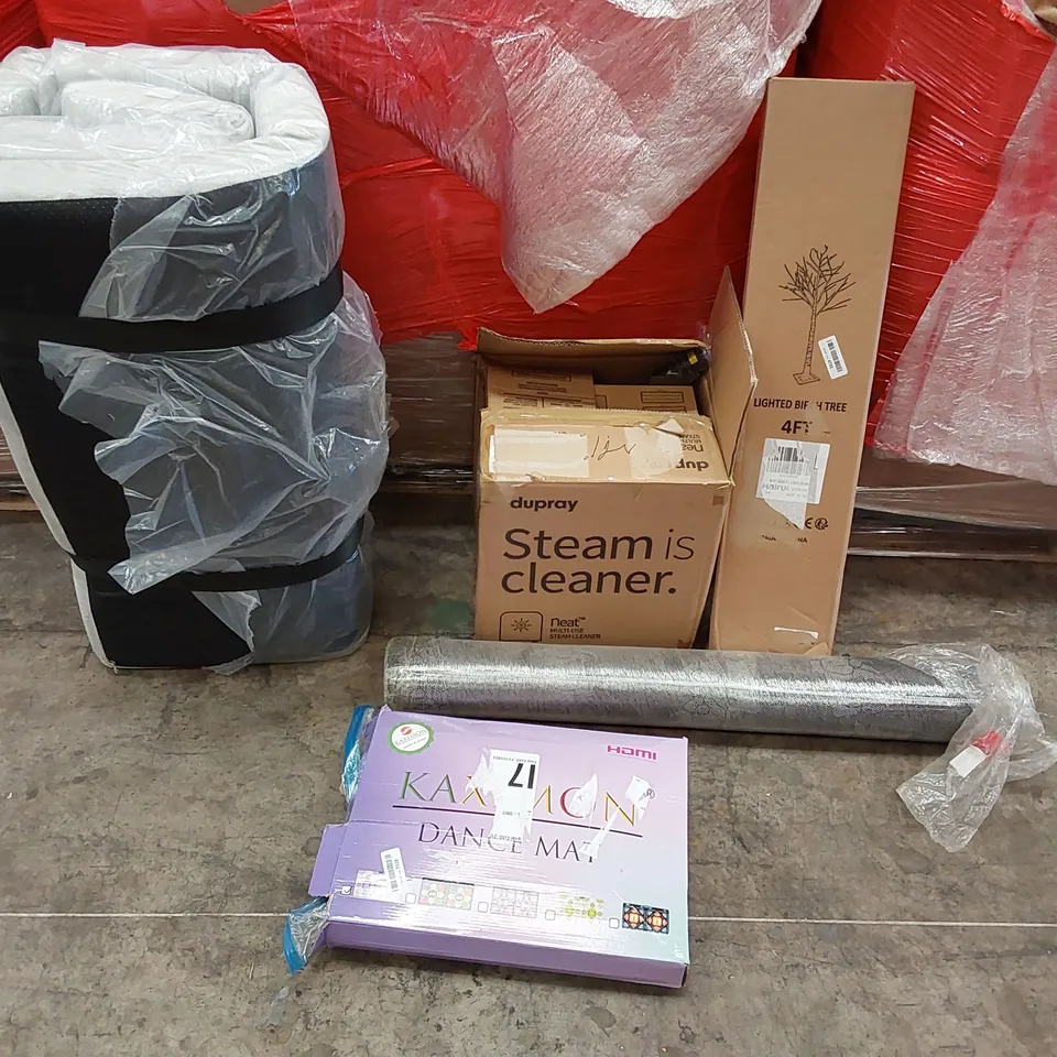 PALLET OF ASSORTED ITEMS INCLUDING: STEAM CLEANER, LIGHTED 4FT ARTIFICIAL BIRCH TREE, PORTABLE MATTRESS, DANCE MAT, RUG