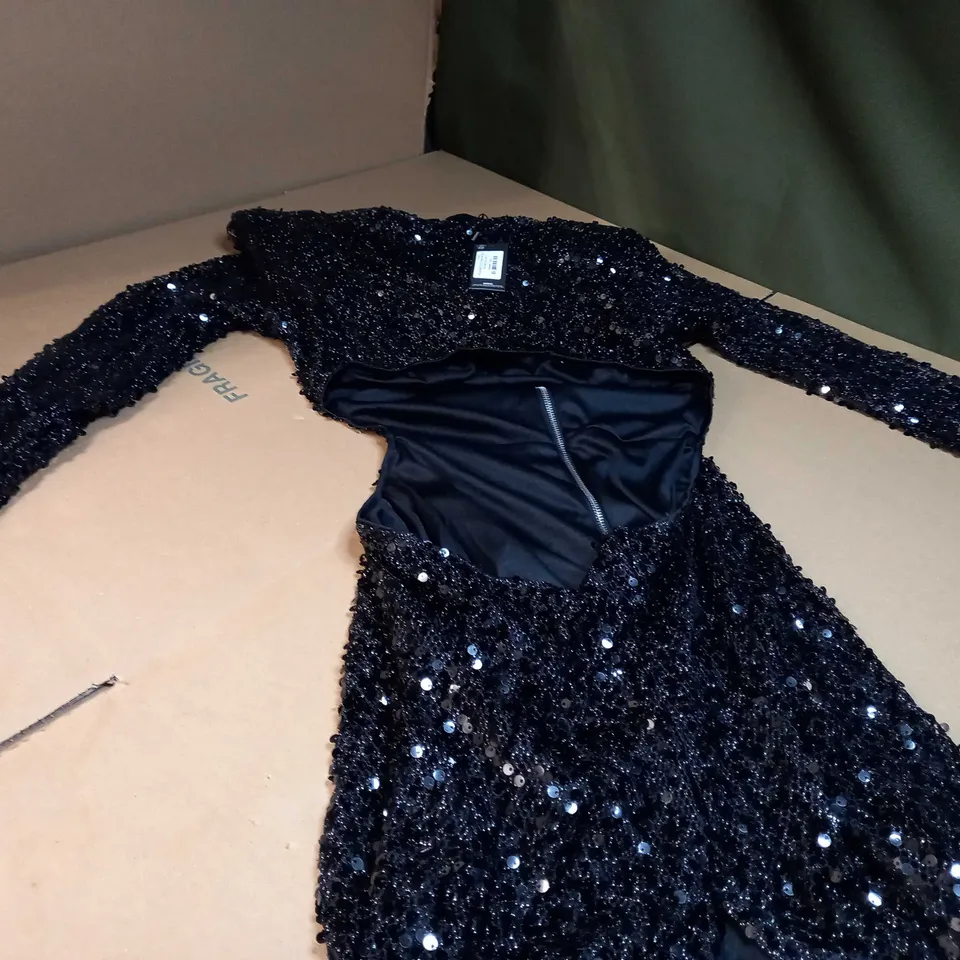 PLT BLACK SEQUIN WAIST CUT OUT LONG SLEEVE MIDAXI DRESS - SIZE 6
