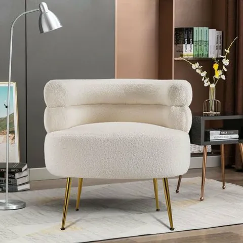 BOXED LIVINGANDHOME CLOUD-SOFT BOUCLΓ TIERED ACCENT CHAIR - WHITE/GOLD METAL LEGS (1 BOX)