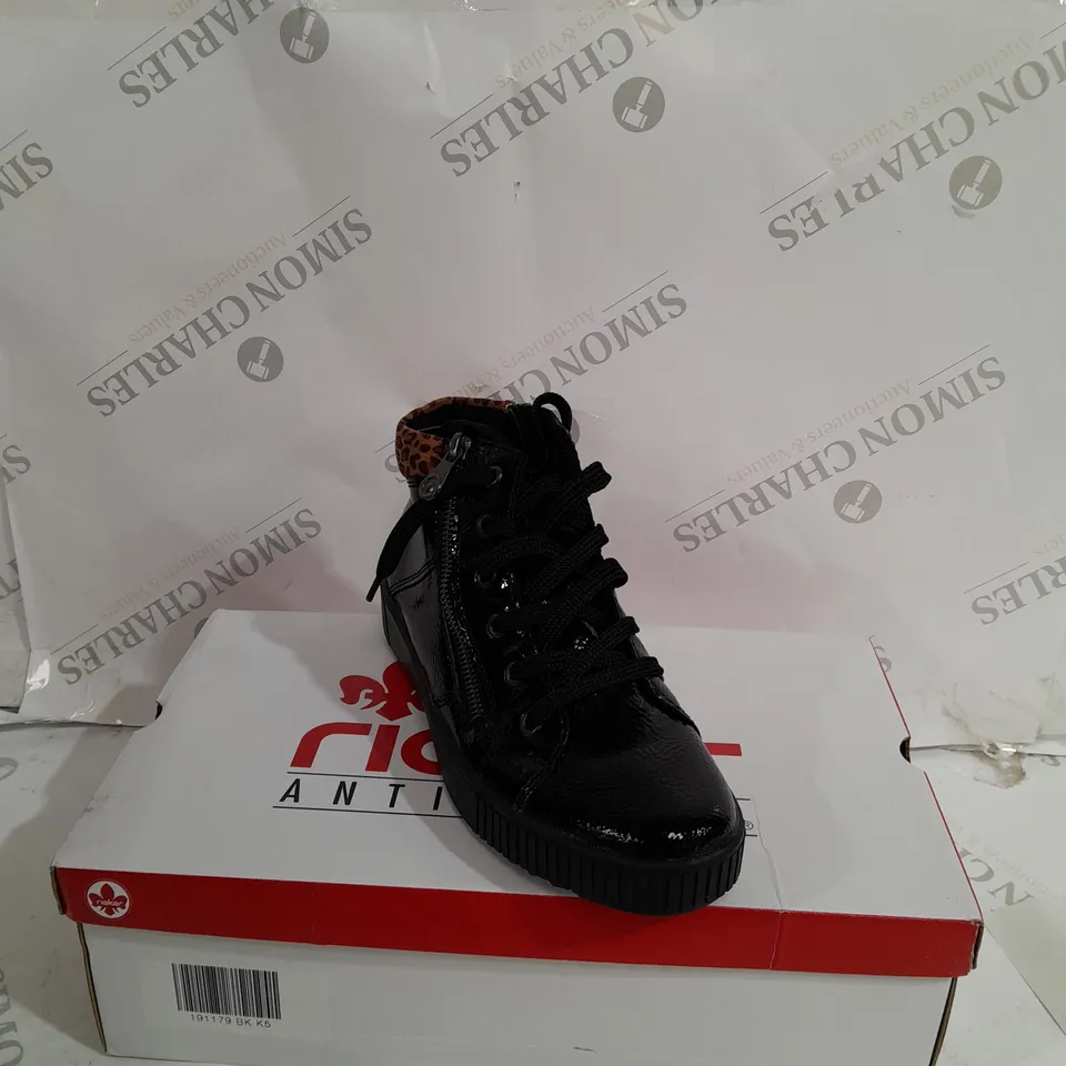 BOXED PAIR OF RIEKER BROWN HIGH TOP LEOPARD CUFF TRAINERS BLACK - SIZE 5 