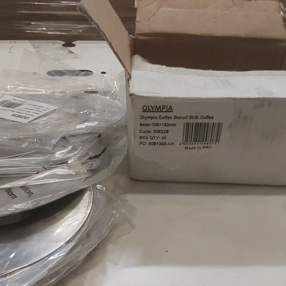 BOX CONTAINING A VERY LARGE QUANTITY OF BRAND NEW OLYMPIA COFFEE STENCILS