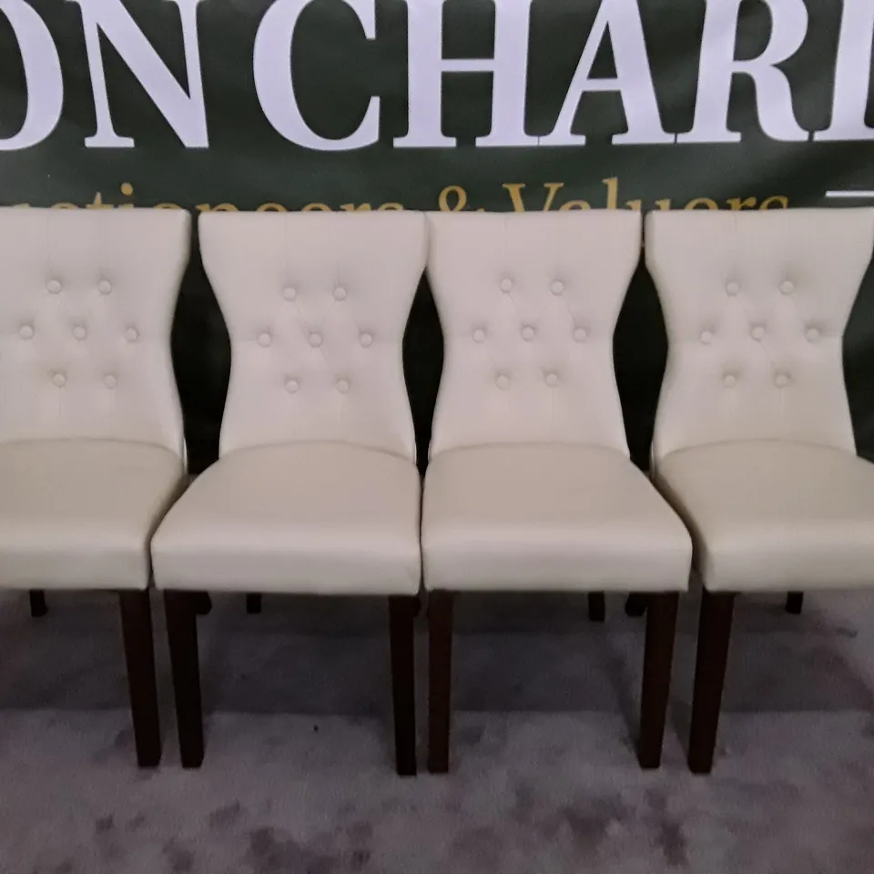 SET OF 4 NEW BEWLEY IVORY LEATHER BUTTON BACK DINING CHAIRS (DARK OAK LEG)