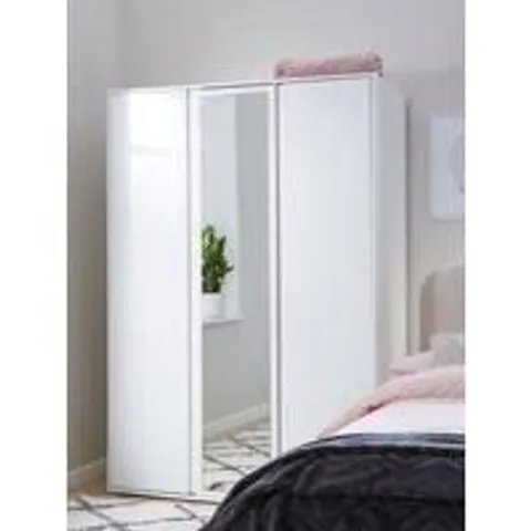 BOXED GRADE 1 LAYTON 3 DOOR MIRRORED WARDROBE IN GLOSS WHITE (4 BOXES)