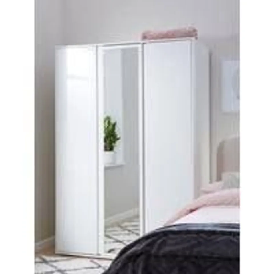 BOXED GRADE 1 LAYTON 3 DOOR MIRRORED WARDROBE IN GLOSS WHITE (4 BOXES)