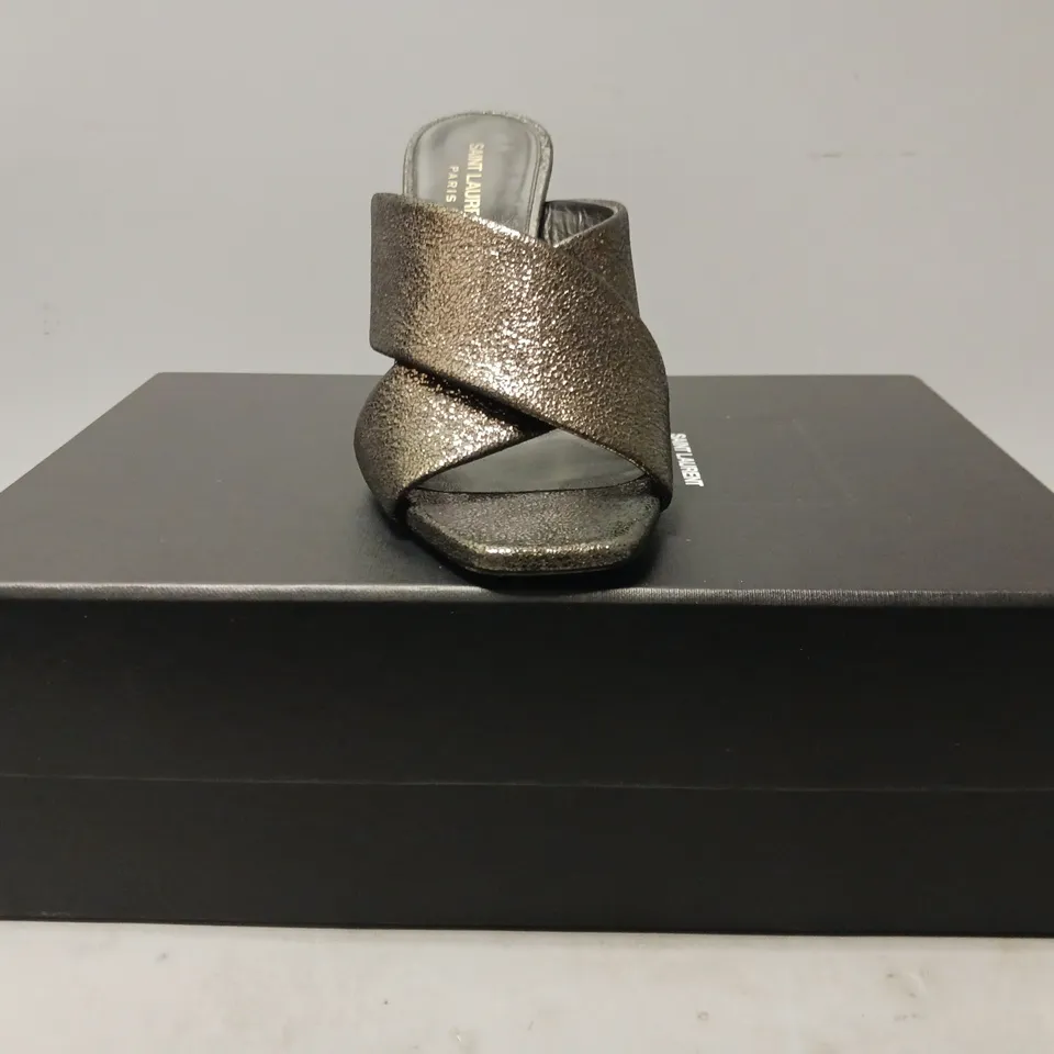 BOXED PAIR OF SAINT LAURENT LOU LOU MULES IN METALLIC GUN METAL EU SIZE 38