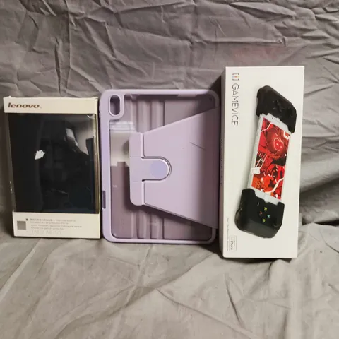 BOX OF APPROXIMATELY 10 ASSORTED ITEMS TO INCLUDE GAMEVICE IPHONE CONTROLLER, LENOVO PROTECTIVE CASE, ETC