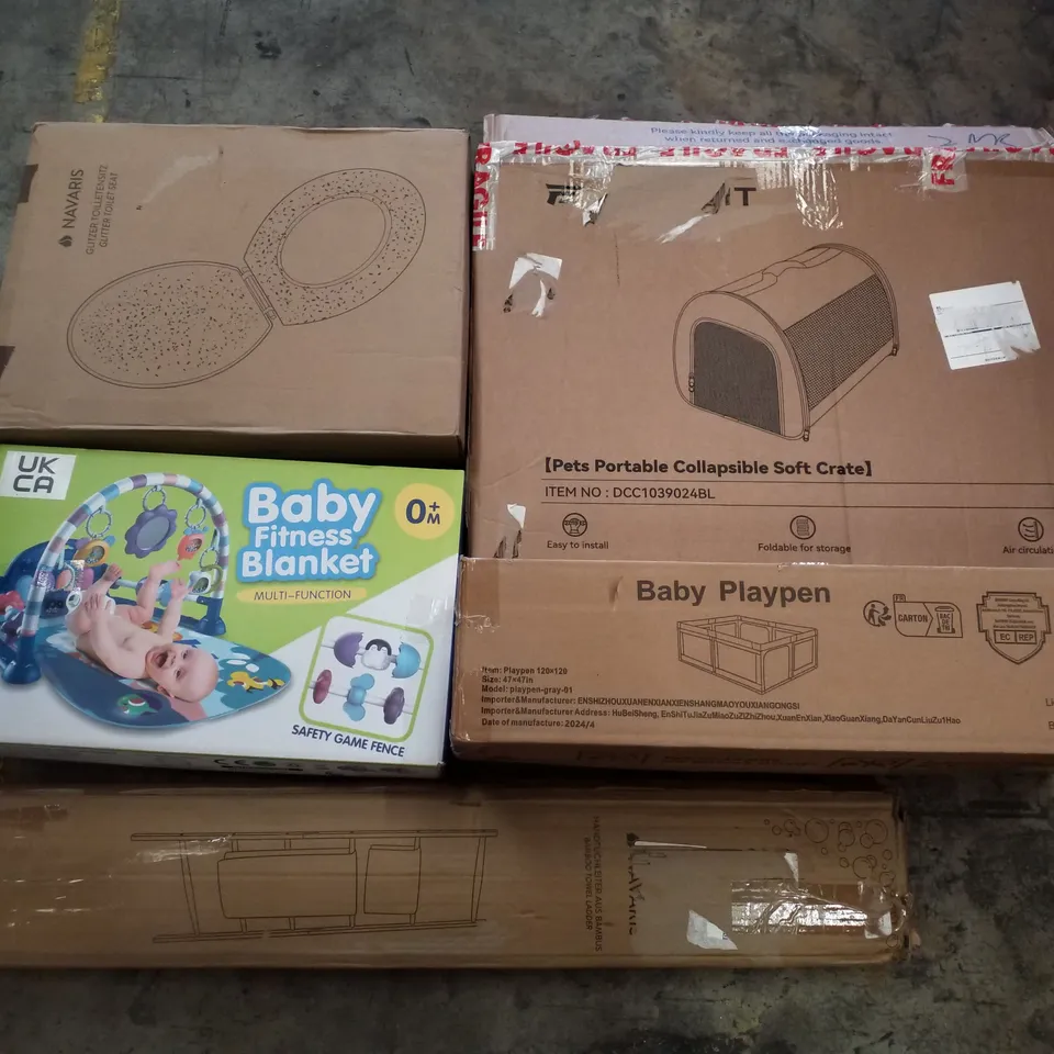 PALLET CONTAINING ASSORTED PRODUCTS INCLUDING TOILET SEAT, PETS PORTABLE COLLAPSIBLE SOFT CRATE, BAMBOO TOWEL LADDER, BABY PLAYPEN & BABY FITNESS BLANKET 