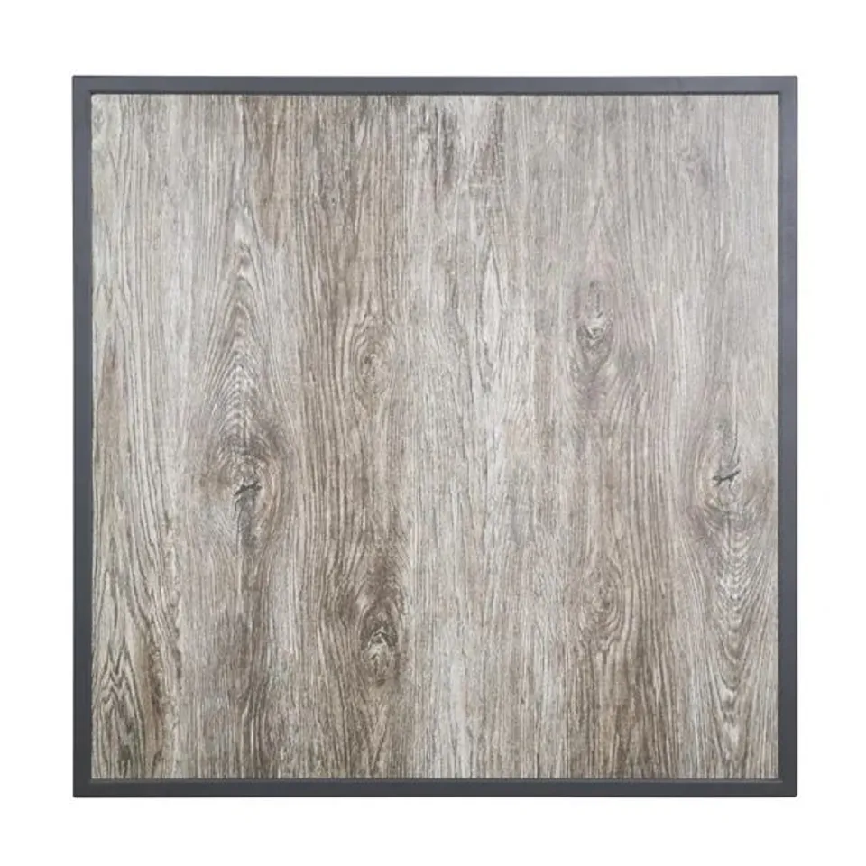 BOXED BOLERO WOOD GRAIN EFFECT SQUARE TEMPERED GLASS TABLE TOP GREY TRIM 700X700MM