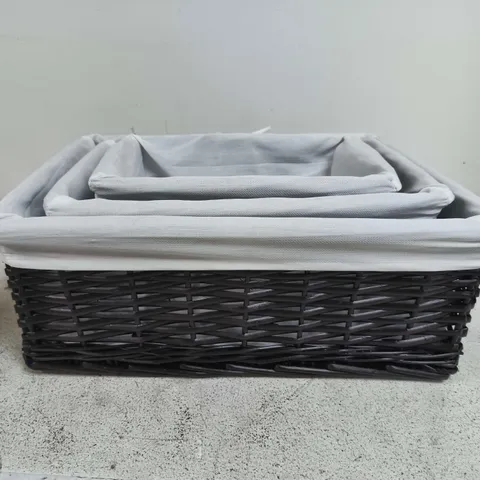 SET OF 3 BLACK WOVEN STORAGE BASKETS WITH GREY LININGS