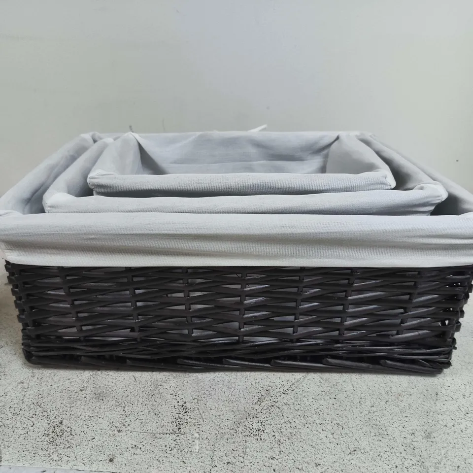 SET OF 3 BLACK WOVEN STORAGE BASKETS WITH GREY LININGS
