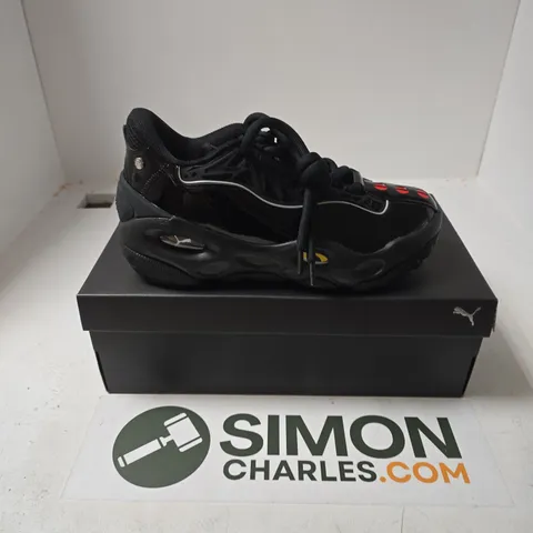 BOXED PAIR OF PUMA LA FRANCE FAST & FURIOUS TRAINERS IN BLACK/BRIGHT MANGO - UK 10