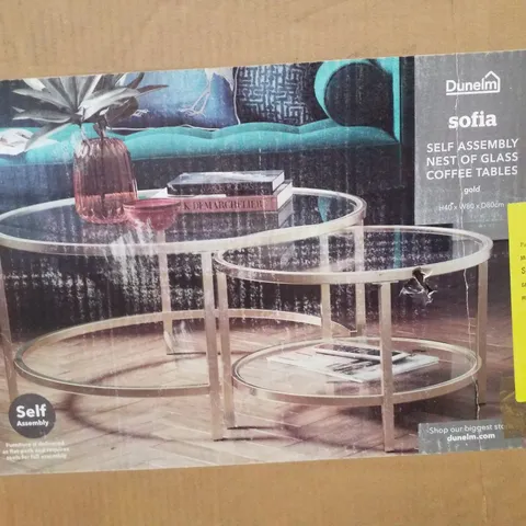 BOXED DUNELM SOFIA SELF ASSEMBLY NEST OF GLASS COFFEE TABLES - GOLD