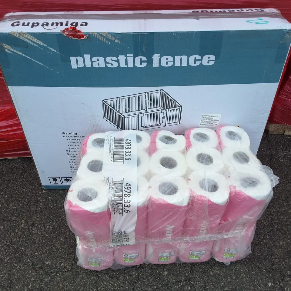 PALLET OF ASSORTED HOUSEHOLD ITEMS TO INCLUDE BABY WALKER, TISSUE MULTI-PACK AND PLASTIC FENCE