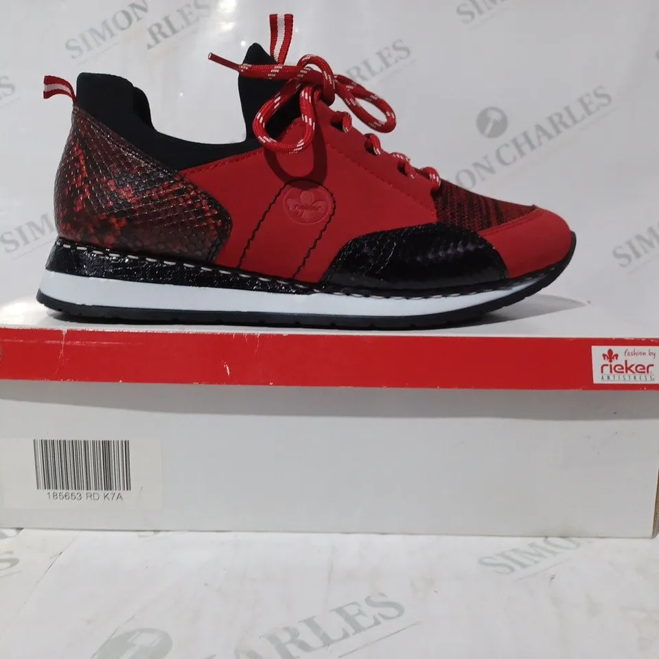 BOXED PAIR OF RIEKER RUNNING TRAINERS IN RED - SIZE 7.5