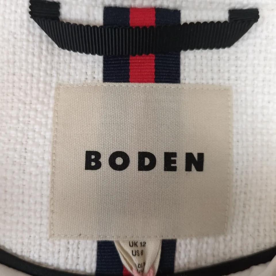 BODEN WHITE COAT WITH BLACK TRIM, UK 12