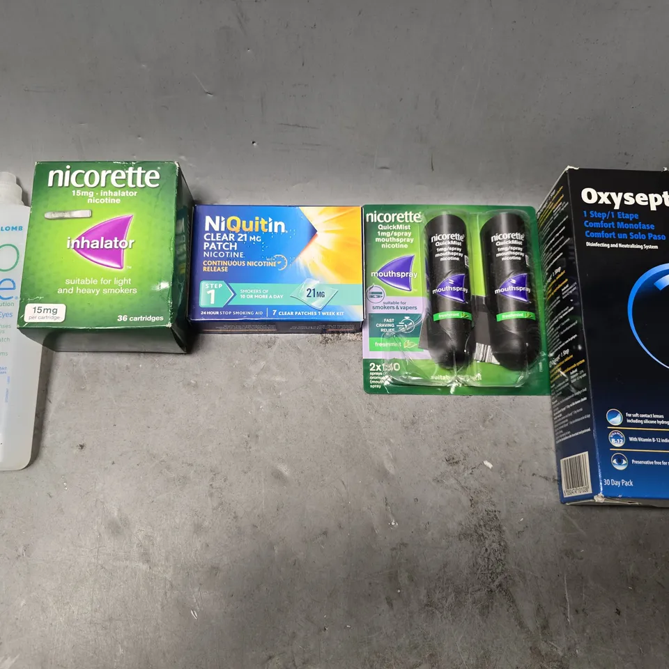 APPROXIMATELY 18 ASSORTED VISION CARE ITEMS & NICOTINE TO INCLUDE - NICORETTE QUICKMIST , NICORETTE INHALATOR , BIO TRUE MULTI PURPOSE SOLUTION ETC