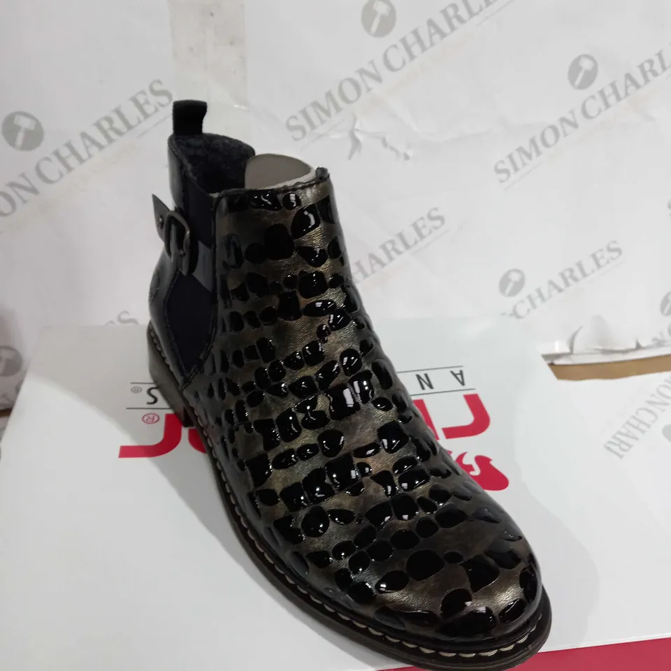 BOXED PAIR OF RIEKER METALLIC ANKLE BOOTS, BRONZE - SIZE 5